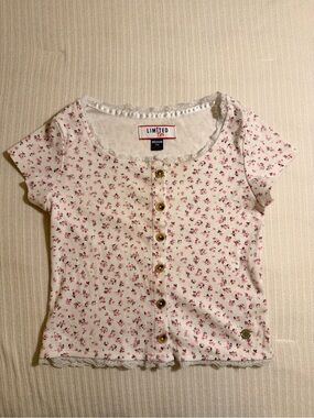 Limited Too White Button-Front Top with Pink Floral Print